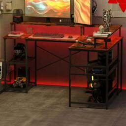 HOMCOM L-Shap LED Gaming Desk with Power Outlets - Size: 90.0 cm x 102.0 cm x 150.0 cmcm - Brown - Wilko