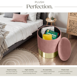 tectake Sarina Rose Velvet Look Padded Round Stool with Storage - Size: 44.5 x 36 x 36cm - Pink - Wilko - thumbnail 6