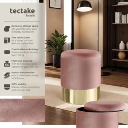 tectake Sarina Rose Velvet Look Padded Round Stool with Storage - Size: 44.5 x 36 x 36cm - Pink - Wilko - thumbnail 5
