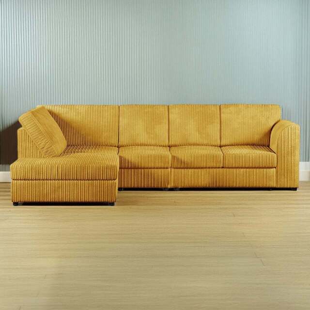 Luxor 4 Seater Mustard Jumbo Cord Left Hand Facing Full Back L Shaped Corner Sofa Set - Yellow - Wilko - image 1