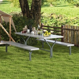 Costway 8 Seater Poolside Grey Table and Bench Set - Cream - Wilko