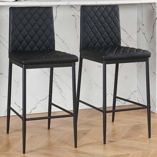 Living and Home Black Diamond-Quilted PU Leather Upholstered Bar Stool Set of 2 - Wilko - image 1