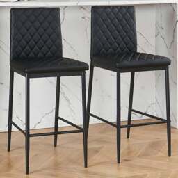Living and Home Black Diamond-Quilted PU Leather Upholstered Bar Stool Set of 2 - Wilko