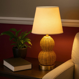 Lighting Collection Tusk Natural Rattan Rechargeable LED Table Lamp - Size: 45 x 25.5 x 25.5cm - Antique Antique Brass - Wilko - thumbnail 3