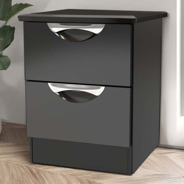 Crowndale Camden 2 Drawer Black Gloss and Black Compact Bedside Cabinet Ready Assembled - Black Gloss & Black - Wilko - image 1