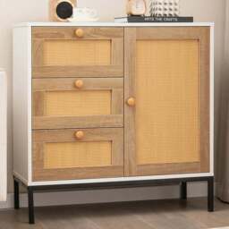 Costway Single Door 3 Drawer White Rattan Cabinet - Size: 96 x 52 x 19cm - Wilko