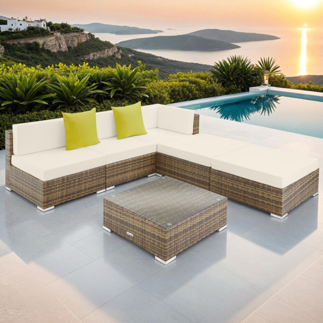 tectake Paris 5 Seater Natural Rattan Garden Corner Lounge Set - Brown - Wilko - image 1