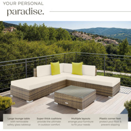 tectake Paris 5 Seater Natural Rattan Garden Corner Lounge Set - Brown - Wilko - thumbnail 5