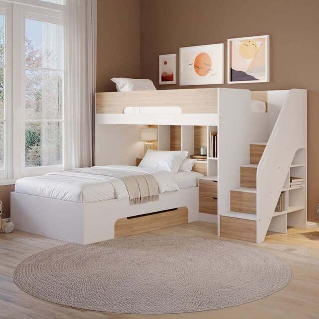 Flair Greyson Oak Staircase Triple Bunk Bed with Storage - Size: Single + Small Double - White - Wilko - image 1