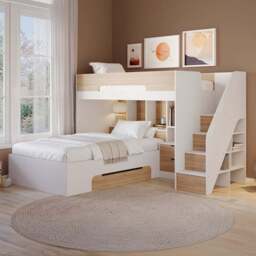 Flair Greyson Oak Staircase Triple Bunk Bed with Storage - Size: Single + Small Double - White - Wilko