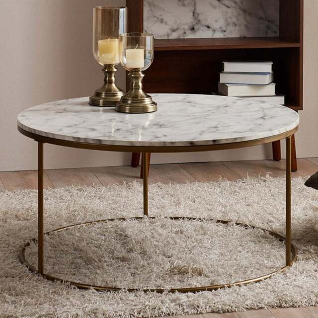 Teamson Home Marmo Faux Marble and Brass Modern Marble Look Round Coffee Table - Size: 45.7 x 91.4 x 91.4cm - White - Wilko - image 1