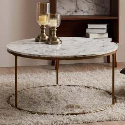 Teamson Home Marmo Faux Marble and Brass Modern Marble Look Round Coffee Table - Size: 45.7 x 91.4 x 91.4cm - White - Wilko