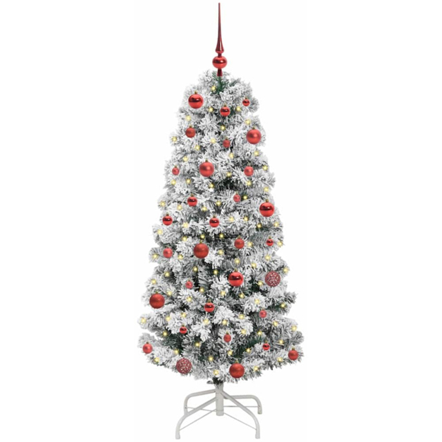 vidaXL Pre-Lit Warm White LED and Red Baubles Snow Flocked Artificial Christmas Tree 4.9ft - Green - Wilko - image 1