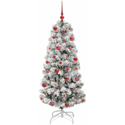 vidaXL Pre-Lit Warm White LED and Red Baubles Snow Flocked Artificial Christmas Tree 4.9ft - Green - Wilko