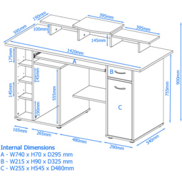 Alphason San Diego Single Door Single Drawer Walnut Office Desk - Size: 90 x 142 x 60cm - Wilko - thumbnail 6