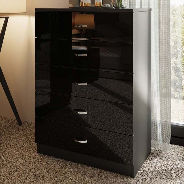 FWStyle Chilton 5 Drawer Black Gloss Chest of Drawers - Wilko - image 1