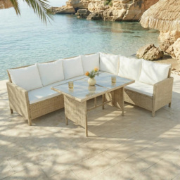 HGD Alia 6 Seater Natural and White Rattan Garden Corner Dining Sofa Set with Glass Table - Wilko