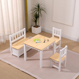 FurnitureHMD Kids 4 Seater White Pine Wood Table Chair and Storage Bench Set - White+Natural - Wilko - thumbnail 6