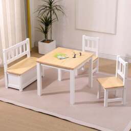 FurnitureHMD Kids 4 Seater White Pine Wood Table Chair and Storage Bench Set - White+Natural - Wilko