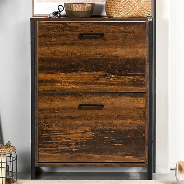 HOMCOM 2 Flip Down Drawer Rustic Brown Shoe Cabinet - Size: 85 x 23.5 cm x 64cm - Wilko - image 1