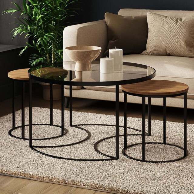 GFW Femi Oak Glass Top Nest of Tables Set of 3 - Size: 44.5 x 80 x 80cm - Oak/Black - Wilko - image 1