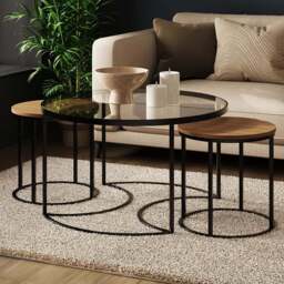 GFW Femi Oak Glass Top Nest of Tables Set of 3 - Size: 44.5 x 80 x 80cm - Oak/Black - Wilko - thumbnail 1