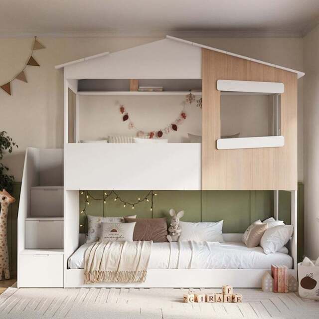 Flair Dreamland White and Oak Play House Staircase Bunk Bed - Size: Single - Wilko - image 1