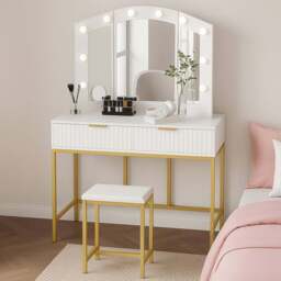 Kosy Koala Lilly 2 Drawer White and Gold Dressing Table Set with LED Mirror - Size: 153 x 100 x 40cm - Wilko
