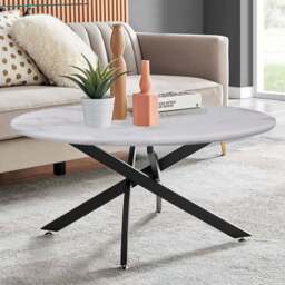 Furniturebox Arona Round White Marble Effect Glass Coffee Table with Black Legs - Size: 90 x 90 x 45cm - Wilko - thumbnail 1