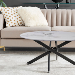 Furniturebox Arona Round White Marble Effect Glass Coffee Table with Black Legs - Size: 90 x 90 x 45cm - Wilko - thumbnail 4