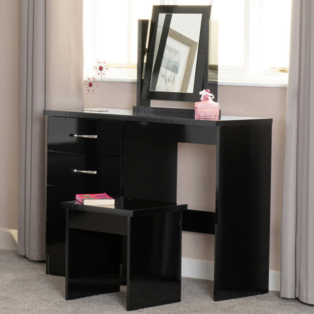 Seconique Nevada 4 Drawer Gloss Black Dressing Table Set with Mirror - Size: 40 x 100 x 77cm - Wilko - image 1