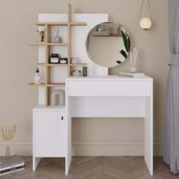 GFW Freyja Single Door Single Drawer White Oak Dressing Table with Mirror - Size: 35 x 113 x 152cm - Wilko