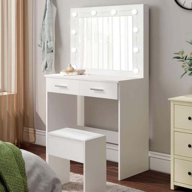 Comfy Living 2 Drawer White Dressing Table Set with LED Lit Mirror - Size: 140 x 80 x 40cm - Wilko - image 1