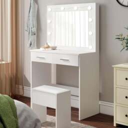 Comfy Living 2 Drawer White Dressing Table Set with LED Lit Mirror - Size: 140 x 80 x 40cm - Wilko