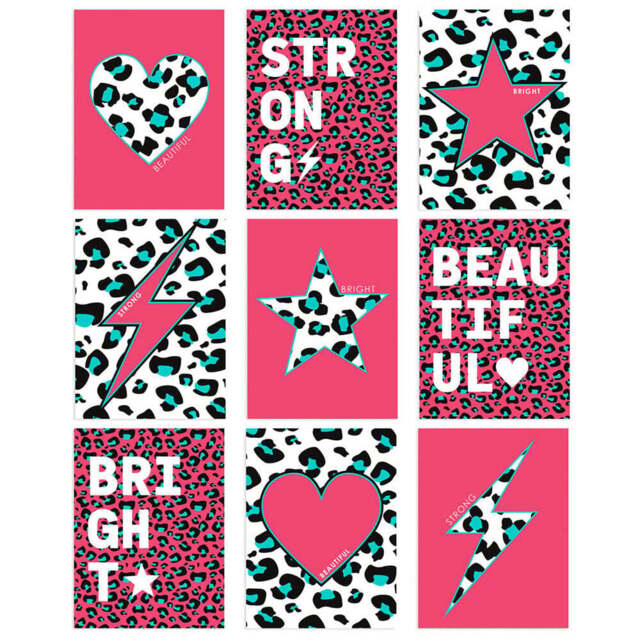 Wee Blue Coo Pink Turquoise Leopard Pattern Heart Lightning Star Wall Art Print 30 x 41cm 9 Pack - Size: 40.5 x 30.5 x 0.3cm - Wilko - image 1
