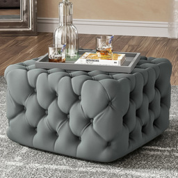 Living and Home Grey Velvet Buttoned Tufted Footstool - Size: 40 x 62 x 62cm - Wilko