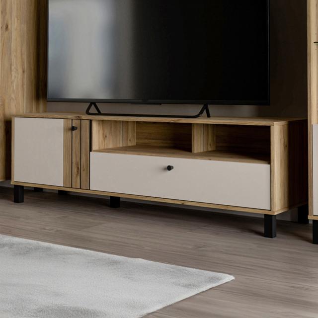 Florence Grafton Single Door Single Drawer 2 Shelf Cream and Oak TV Unit - Size: 48.6 x 158.1 x 42cm - Multi - Furniture To Go - Wilko - image 1