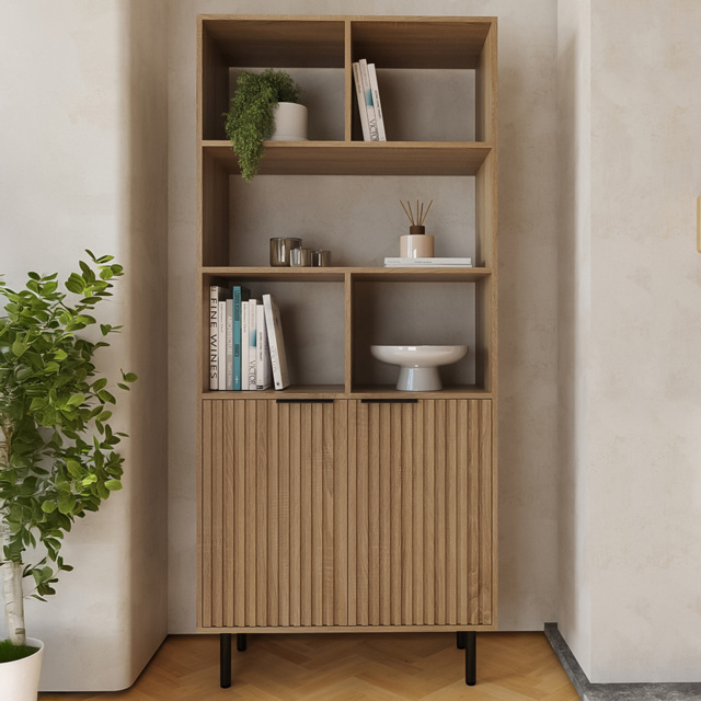 GFW Nervata 2 Door 5 Shelf Oak and Black Ribbed Tall Shelving Unit - Wilko - image 1