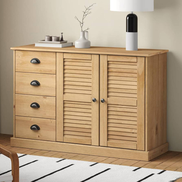 vidaXL Vigo 2 Shutter Door 4 Drawer Solid Wood Pine Sideboard - Size: 75 x 113 x 40cm - Brown - Wilko - image 1