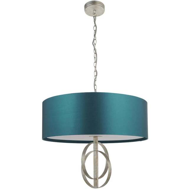 Merano Trento Antique Silver and Teal Satin Fabric 5 Light Pendant Ceiling Light - Size: 70 x 70 x 204cm - Wilko - image 1