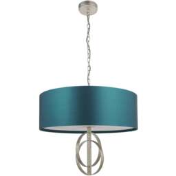 Merano Trento Antique Silver and Teal Satin Fabric 5 Light Pendant Ceiling Light - Size: 70 x 70 x 204cm - Wilko