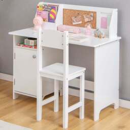 Costway Kids White Table and Chair Set with Storage and Bulletin Board - Size: 102 x 55 x 17cm - Wilko