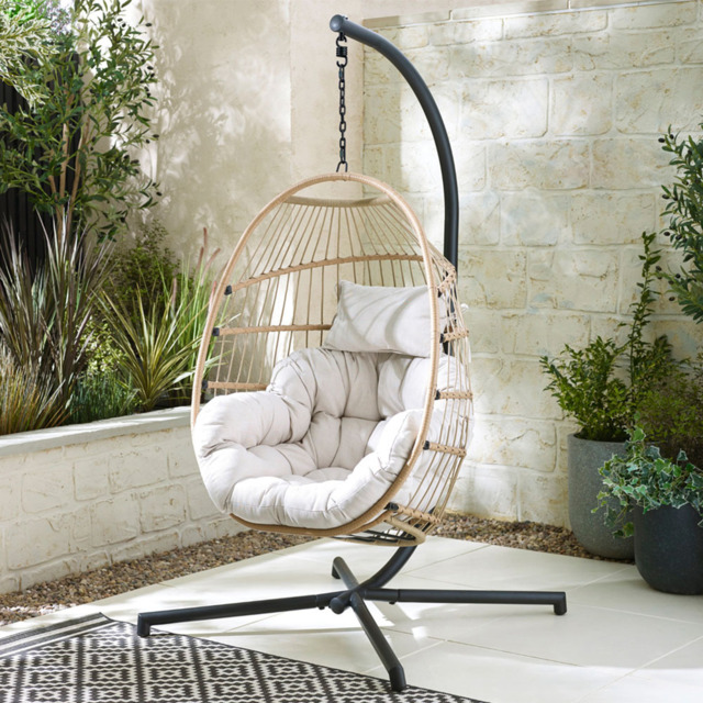 Furniturebox Veza Rattan Light Brown Hanging Egg Chair with Cream Cushion - Size: Single Seater - Wilko - image 1