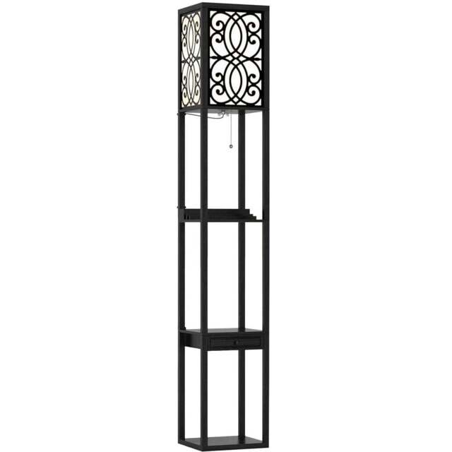 Costway Single Drawer 3 Shelf Tall Storage Floor Lamp with 2 USB Charging Port - Size: 44 x 33 x 29cm - Black - Wilko - image 1