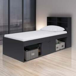 Kudl Single 2 Door 2 Shelf Black Low Cabin Bed with Bookcase Headboard - Wilko
