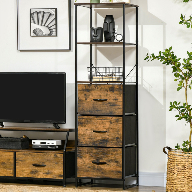 Portland 3 Drawer 2 Shelf Rustic Brown Tall Bookcase - Wilko - image 1