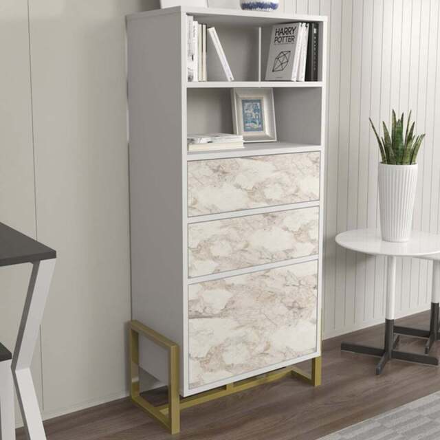 Decorotika Utopie 3 Door 2 Shelf White and White Marble Effect Modern Bookshelf - Size: 60 x 136.8 x 35cm - Multi - Wilko - image 1