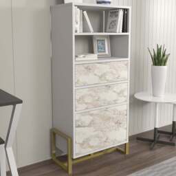 Decorotika Utopie 3 Door 2 Shelf White and White Marble Effect Modern Bookshelf - Size: 60 x 136.8 x 35cm - Multi - Wilko