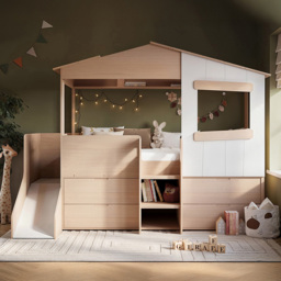 Flair Dreamland Oak Play House Slide Mid Sleeper with Storage - Size: Single - Brown - Wilko