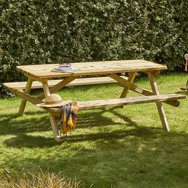 Cerland Romane 6 Seater Wooden Picnic Table with 2 Foldable Benches - Tan - Wilko - image 1